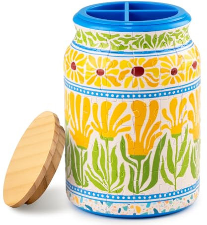 PieceRelax 3D Puzzle Deko-Behälter – Summer Blossoms | 128 Kunststoffteile & Holzdeckel | Stiftehalter & Aufbewahrung | Kreatives Geschenk für Zuhause & Büro [BA1016]