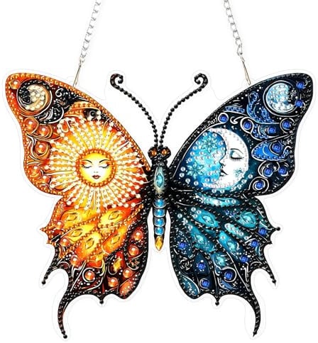 AIRDEA Sonne Mond Diamond Painting Fensterbilder, 5D Brillante Schmetterling Diamond Painting Fensterbilder Beidseitig, Bausätze für Diamantmalerei Suncatcher Erwachsene 7x8 inch