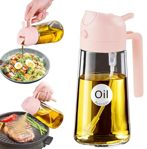 YARRAMATE 2 in 1 Ölsprüher für speiseöl, 470ml ölflasche lebensmittelecht | Ölspray zum Kochen, Hochwertiger Öl Zerstäuber, Ölsprühgerät für Heißluftfritteuse (Pfirsichrosa)