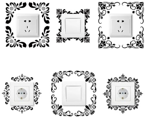 AHANDMAKER 6 tipos de calcomanías florales vintage para interruptores, calcomanías de pared retro para bordes de esquina, calcomanías de interruptor de patrón negro para interruptor de luz, techo