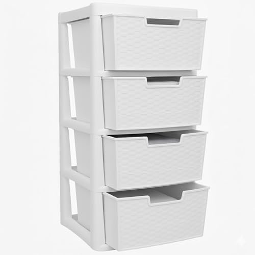 SIDSONS - Large Plastic Rattan Drawer Storage Unit for Home Bedroom Bathroom Kitchen Organiser Stackable Drawers Durable Storage Solution Space Saver and Easy Access Storage - (Rattan White, 4 Tier)