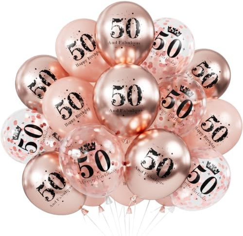 Adeyoo 50th Birthday Balloons - Rose Gold 50th Birthday Decorations | Fabulous 24Pcs 12Inch Rose Gold Latex Confetti Balloons for Women Birthday Anniversary Celebration Party Supplies