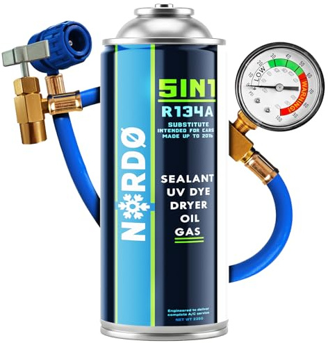 Nordo 5-en-1 – Réfrigérant R134a + Tuyau 235 g pour Climatisation Auto avec Huile, Stop-Fuite, Traceur UV Et Déshydratant – Protège Le Compresseu