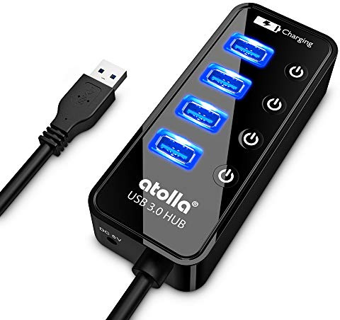 Hub USB 3.0, atolla 4 Ports Super Speed USB 3 Hub Splitter avec Interrupteur Marche/arrêt avec 1 Port de Charge USB (Longueur du câble de 2 Pieds, Pas d'adaptateur Secteur) (hub 4 Ports)