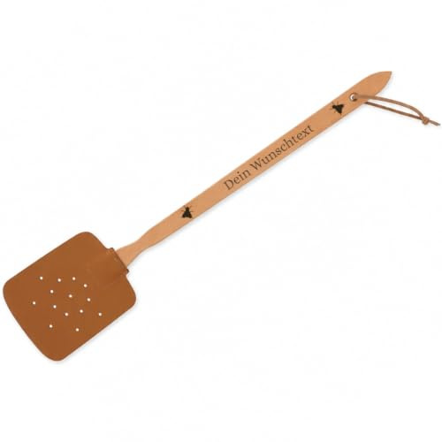 Personalisierte Fliegenklatsche aus Holz und Leder - Fliegenfänger mit Gravur des Namens - Geschenk zum Geburtstag - Motiv Mach sie platt!