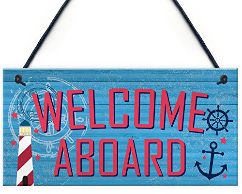 Red Ocean Welcome Aboard Nautical Seaside Marine Theme Gift Hanging Plaque Bathroom Bedroom Boat Sign
