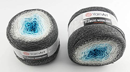 YarnArt Flowers 500 Gramm Bobbel Wolle mit Glitzer und Farbverlauf, 53% Baumwolle, Bobble Strickwolle Mehrfarbig 1000m (anthrazit grau blau 3251)