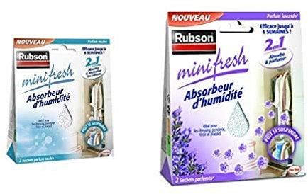 Rubson Minifresh Absorbeur d’Humidité en sachet, spécial placards, tiroirs, penderies, Absorbeur d’odeur 2 sachets parfum neutre et 2 sachets parfum lavande de 50 g