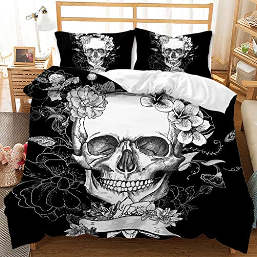 JXING Bettwäsche Set mit Totenkopf & Blumen Motiv, Bettbezug Set Skull & Rosen aus Mikrofaser Halloween Decor Totenkopf und Kissenbezug (A5, Doppelbett 200 x 200 cm)
