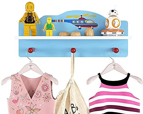 m Mayda Kindergarderobe mit 3 Haken und 1 Ablage Wandregal - Wandgarderobe für Kinder Garderobenhaken Wandhaken Kleiderhaken für Kinderzimmer Hubschrauber 45.5x11.5x19.5 cm