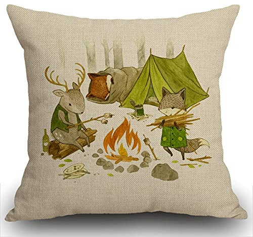 Smooffly Housse de coussin en forme d'animaux de camping, forêt, arbre, cerf, renard, tente, feu de camp en plein air, décoration pour salon, canapé, lit, 45 x 45 cm