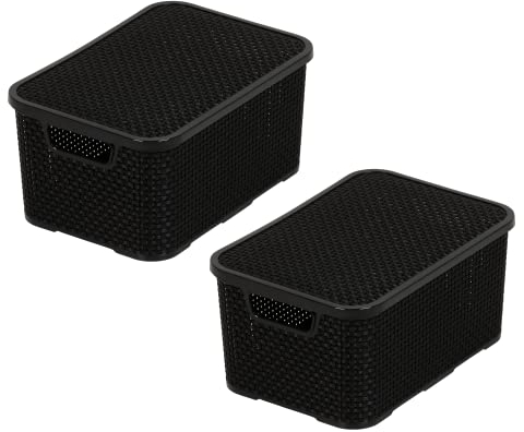 BranQ - Home essential Korb mit Deckel in Rattan Design 2er Set Grösse M 10 l, BPA-frei Kunststoff PP, Schwarz, 32,3x22,5x15 cm, 2 Stk.