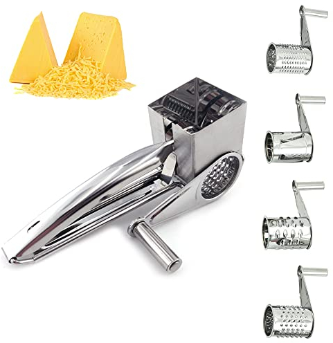 FUYTERY Rallador de queso giratorio 4 en 1 Molinillo de manivela de cocina de acero inoxidable multifuncional