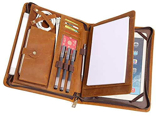 WANLIAN Handgefertigte Portfolio-Mappe aus echtem Rindsleder, mit Reißverschluss für iPad Pro 9,7 Zoll / 10,5 Zoll / 27,9 cm, A4-Format, Braun