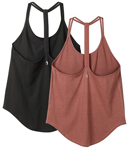 icyzone Workout Tank Tops for Women - Gym Yoga Shirts, T-Back Sport Running Tank Top, 2-Pack (XL, Black/Brick)