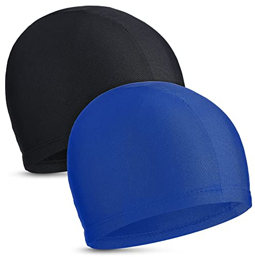 2 Piezas Gorros de Natación Elástica Gorros de Piscina de Tela Cómoda Gorros de Baño Ligero para Niños Mujer Hombre Mientras Nadar (Negro, Azul Real)