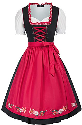 SCARLET DARKNESS Damen Trachtenkleid 3tlg Kleid, Bluse, Schürze Damen Knielang Dirndl Kleid für Oktoberfest Trachtenkleid L Schwarz und Rot#1
