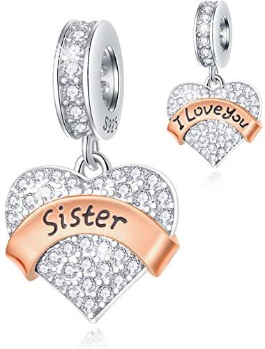 Sister Dangle Charms, fits Pandora Sister's Love Bracelet, 925 Sterling Silver Pave Heart CZ I Love You Pendant Bead with Rose Gold Banner, Gift for Girl/Sister in Law/Big Little Sis
