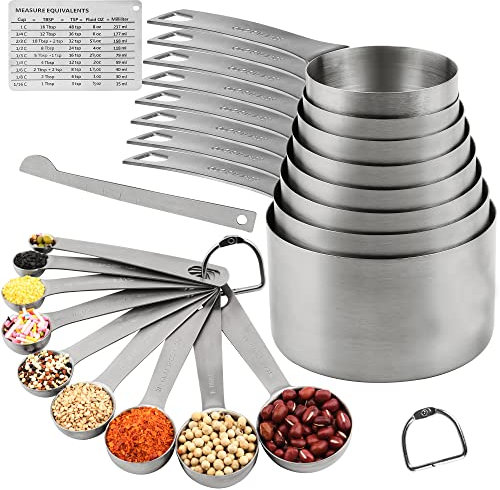 SPUVGVC Measuring Cups Set, 18/8 Stainless Steel Measuring Cups and Spoons Set, 8 Kitchen Measuring cups & 9 Baking Measuring Spoons & Magnetic Conversion Chart&Leveler&Rings-Metal Measure Cups&Spoons
