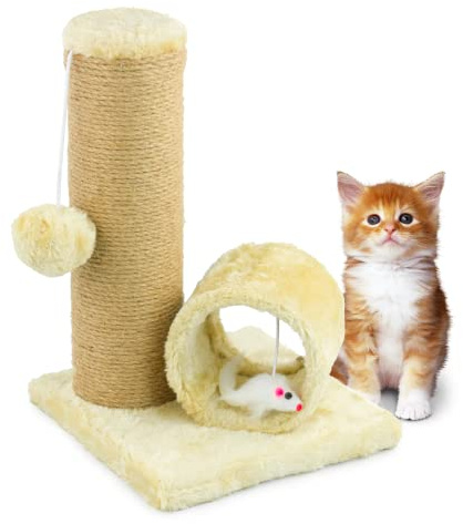 KCT Kitten Scratching Post and Tunnel Small Beige Scratch Pole for Indoor Cat With Natural Durable Sisal