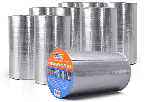 ADHES Waterproof Tape Butyl Tape Aluminum Foil Tape Sealan Tape Outdoor Use,8inch x 5m,for RV Repair, Window, Silicone, Boat and Pipe Sealing, Glass & EDPM Rubber Roof Patching, Silver,9Rolls
