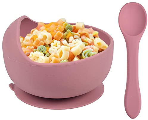 Delven Baby Bowls Spoons for Feeding,Silicone Toddler Weaning Bowls Set Pink with Suction BPA Free Non Slip Easy to Clean Cutlery Tableware Set for Children Infant Girls,Microwavable Dishwasher Safe