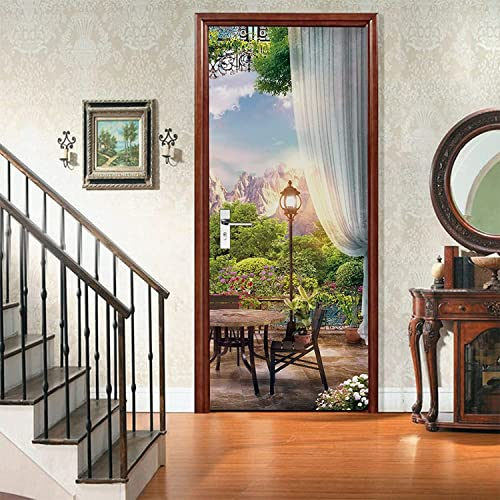 Türtapete Selbstklebend Türposter Fototapete Poster Tapete Balkon Vorhang Blick Auf Den Garten Pvc 3D Türaufkleber Selbstklebend Diy Türbild 80X200 Cm - Selbstklebend Innentür Schlafzimmer Badezimmer