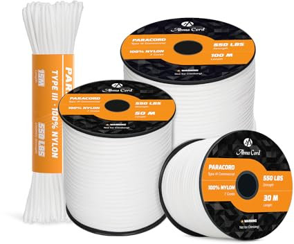 Abma Cord Paracord 550 4mm 15M 100% Nylon Seil Typ III Schnur mit 7 Kern für Basteln, Camping, Survival, Outdoor - Max. 250kg (550lbs) - Weiß