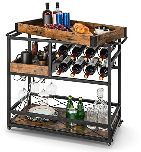 COSTWAY Carrito de Servicio de Bar, Carrito de Barra Rodante de 3 Niveles con Bandeja Desmontable, Porta Vino y Soporte de Copas, Carrito de Bebidas con Asas y Ruedas Universales para Cocina Comedor
