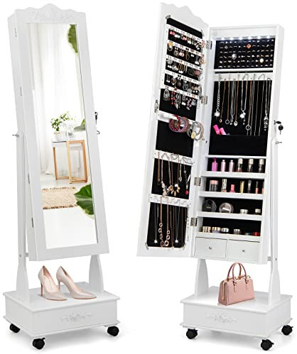 HOMASIS 2 in 1 Schmuckschrank mit Ganzkörperspiegel & LEDs, 360°beweglicher Schmuckregal mit 3 Schubladen & 4 Ablagen aus Holz, abschließbarer Spiegelschrank mit Kettenhaken & Ringverschluss (Weiß)