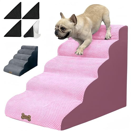 Escaleras para perros y rampa para mascotas para perros pequeños/grandes a camas altas/sofás, 5 escalones de 24 pulgadas de altura para muebles de 18 a 30 pulgadas, 2 fundas lavables (rosa, gris