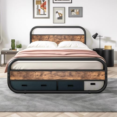 Diahomy King Size Bed Metal Platform Bed Frame with Wood Headboard,Mattress Base,Metal Slat Support, Black and Brown/210X154