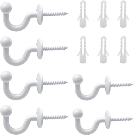 CPSYTE 6 pcs Vorhang Raffhalter Haken Gardinenhalter Wand Metall Weiß U-förmige Ende Vorhang Holdback Wandhaken Ball End Raffhalter Haken für Gardinen Heimdekoration, Inklusive Befestigungshülse