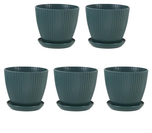 Emiif Lot de 5 pots de fleurs colorés en plastique de 15,2 cm avec palette/plateaux pour intérieur et extérieur, jardin, bureau, maison, bureau (vert foncé)