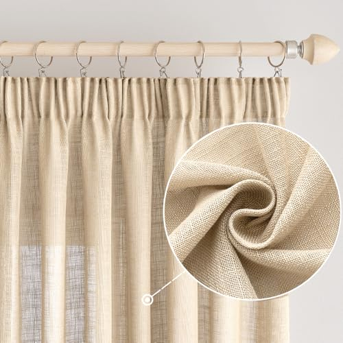 EMEMA Gardinen Vorhänge Leinenvorhang mit Kräuselband Voile Vorhang Leinenoptik Modern Halbtransparent für Wohnzimmer Dekoschal Küchengardinen Schlaufenschal Schlafzimmer Beige 140 x 245 cm