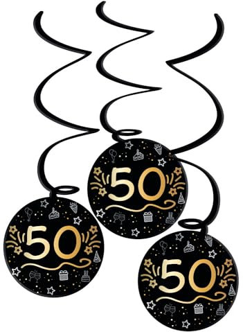 Folat 25063 Party Deko Schwarz Gold Silber - Hängdekoration - 50 - Shining Glam - 3 Stück - Für Geburtstag, Jubiläum, 50 Jahre