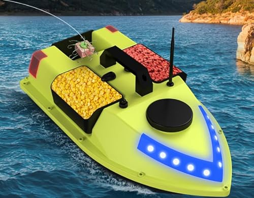 OBEST Fernbedienung Fischköderboot mit GPS, 600M Nachtlicht Futterboot RC Angeln Köderboot, 1,5kg Laden 3-Kabinen Angelboot, Intelligente Rückkehr, Niedriger Batterieschutz, Doppelmotor Boot, 5200mAh