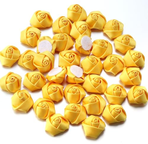 Wisafory 20 pezzi di rose di raso, fiocchi di rose, mini fiori artificiali, rose in raso, toppe decorative per fai da te, scrapbooking, accessori per capelli, colore giallo oro, 2 cm
