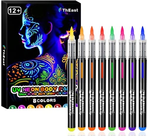 ThEast 8 UV Neon Körperfarben Schmink, im Dunkeln unter UV-Licht leuchtendes Körperbemalungsset, Abwaschbare Hautfreundlich Tattoo Stifte, Theaterschminke Gesicht Körper Malerei