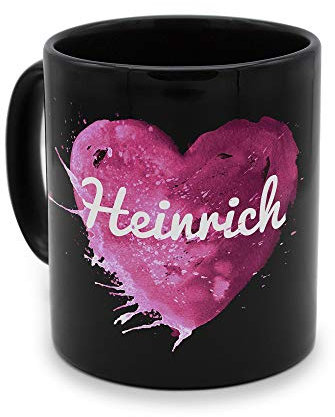printplanet - Tasse Schwarz mit Namen Heinrich - Motiv: Painted Heart - Namenstasse, Kaffeebecher, Mug, Becher, Kaffeetasse