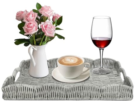 Rectangle Wicker Scalloped Tray, Hand Woven Synthetic Rattan Serving Tray with Handles, Coffee Table Decorative Tray Basket for Modern Boho Rustic Home Ornament or Organizing (Grey)