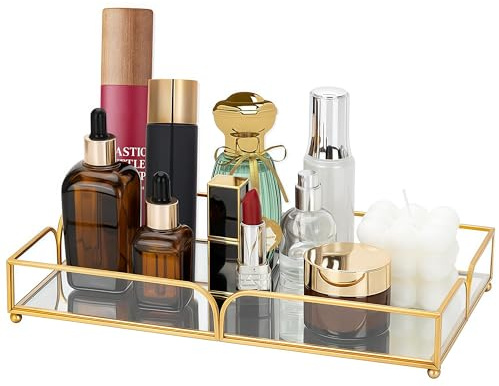 Deko Tablett, SLHEQING Retro Groß Spiegeltablett, Rechteckig Badezimmer Tablett Glas Kosmetik Organizer Gold Vanity Make Up Organizer für Schminktisch Esstisch Bad Schlafzimmer