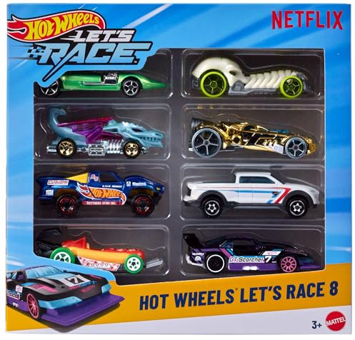 Hot Wheels Toy Cars & Trucks, Let’s Race 8-Pack, Set of 8 1:64 Scale Vehicles from the Animated Netflix Show, JGK18