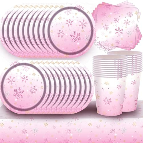 61Pcs Snow Party Tableware Set,Frozen Birthday Party Supplies,Dreamy Pink Snow Decorations Serves 20 Guests[20 Plates, 20 Cups, 20 Napkins,Tablecloth 137 x 274 cm]