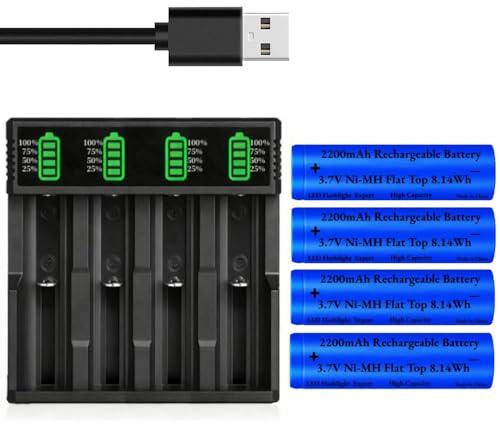4 Stück 3.7V 2200mAh Akku Flat Top NiMH Wiederaufladbarer mit 18650 Akku Ladegerät, 3.7Volt Akkus + USB Akku Ladegeräte für Taschenlampe/Stirnlampen/Kamera/Kleinen Lüfter, Nicht AA/AAA