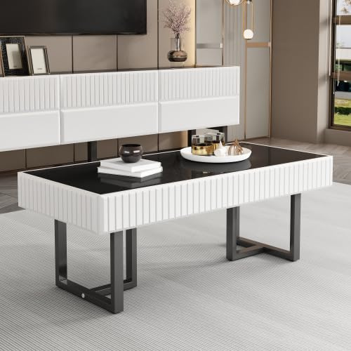 ZKLOEP Schwarzer-weißer moderner klassischer Couchtisch 110x50.5x41(cm),Wohnzimmertisch,hochglänzende Schwarze Tischplatte.