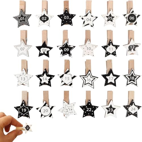 SKDFHOD 24 Adventskalender Zahlen Holz, Sternfömige Holzklarmmern mit Zahlen 1-24, Holzzahlen für Weihnachtskalender, Weihnachtsdeko UVM, Zahlen Für Adventskalender, Weihnachtsdekoration, DIY Basteln