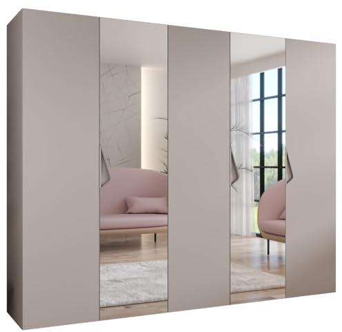 MEBLE KRYSPOL - Kleiderschrank - Garderobenschrank - 250 cm x 202 x 52 cm - Schrank mit Kleiderstange und Spiegel, 5 Türen - für Schlafzimmer, Flur - SANDI, Kaschmir, Griff Kaschmir