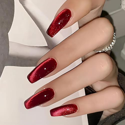 OuryTech Ongles Press On Rouges, 24 Pièces en Forme de Cercueil, Faux Ongles Longs avec Design Œil de Chat et Paillettes, Ongles à Coller pour Femmes