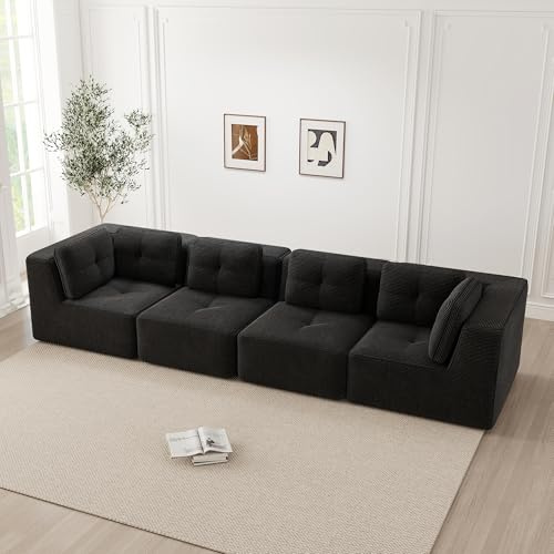 HAUSPROFI Armloses L-Förmiges Sofa Mit Schlaffunktion, Boneless Couch Mit Eckelement & Ottomane, Bequemes Cord Sofa 4-Sitzer, Tiefer Sitz, Weiche Kissen, Rutschfestes Design, Kein Aufbau, Schwarz